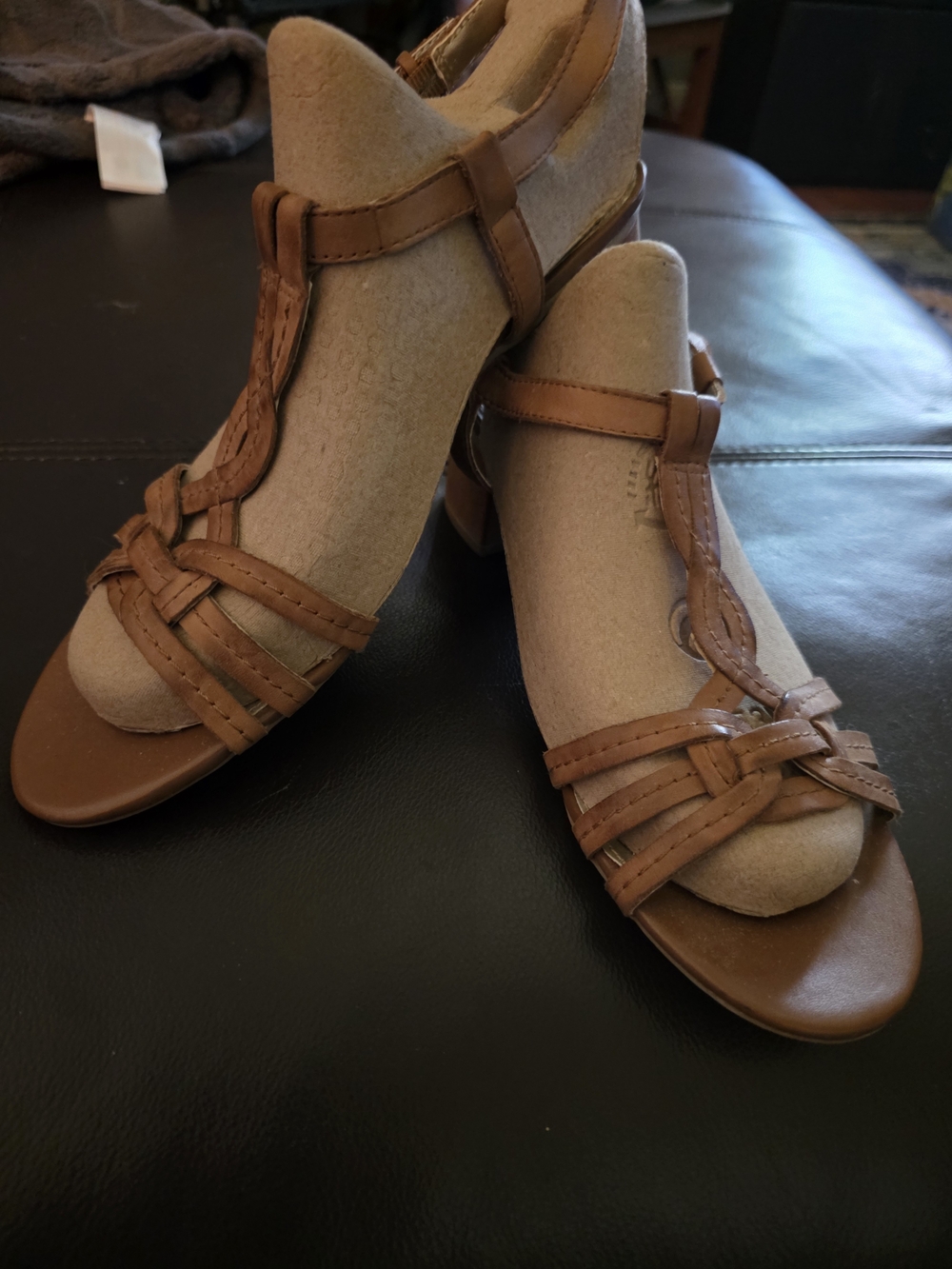 White Mountain Women’s Tan Strappy T‑Bar Heeled Sandals